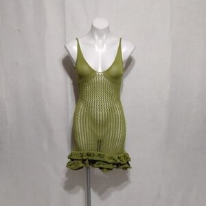 Open Knit Crochet Tiered Ruffle Hem Mini Dress Beach Cover Up Resort Festival M